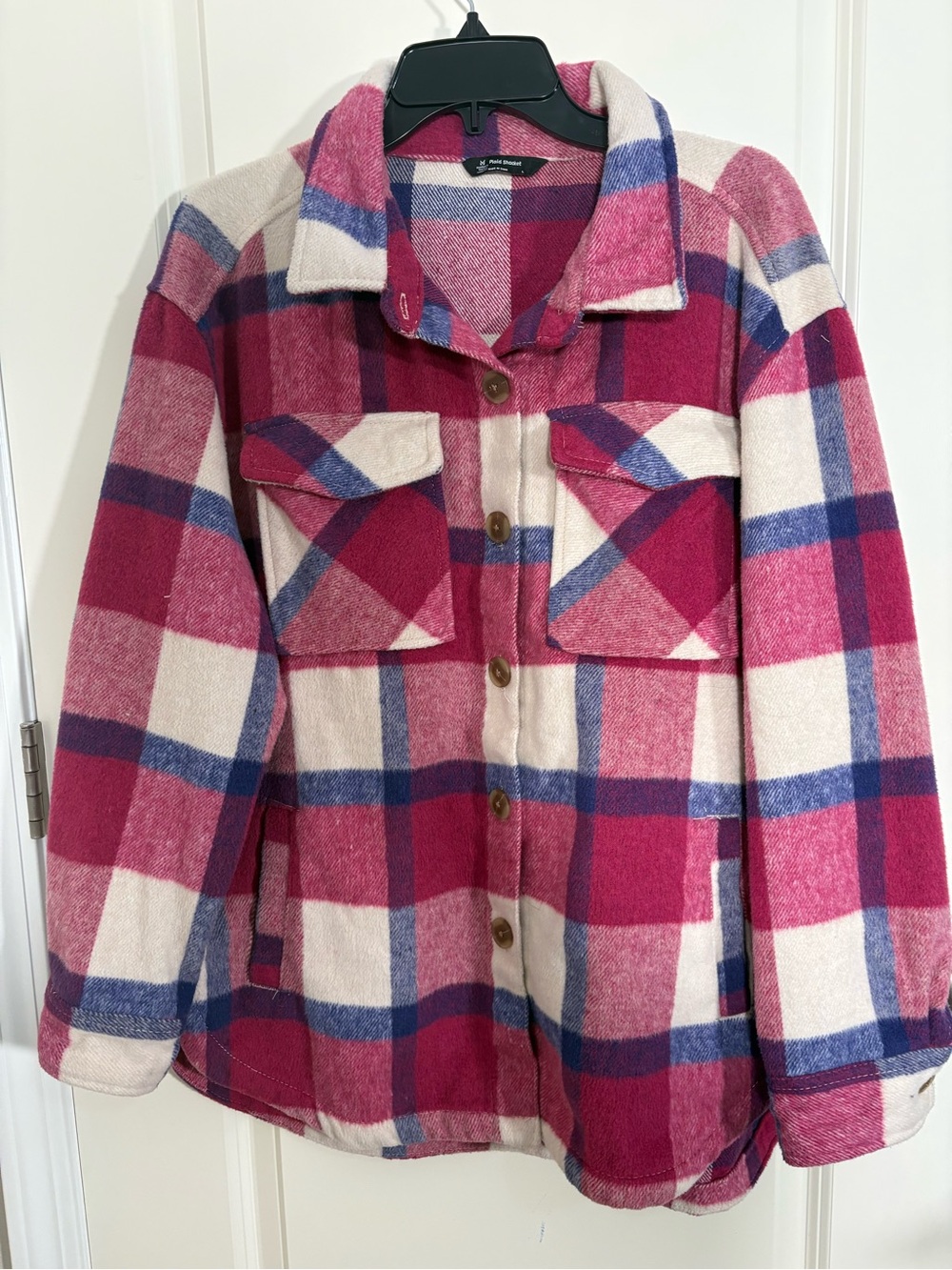 Plaid Button-Up Shacket Jacket in Pink & Cream